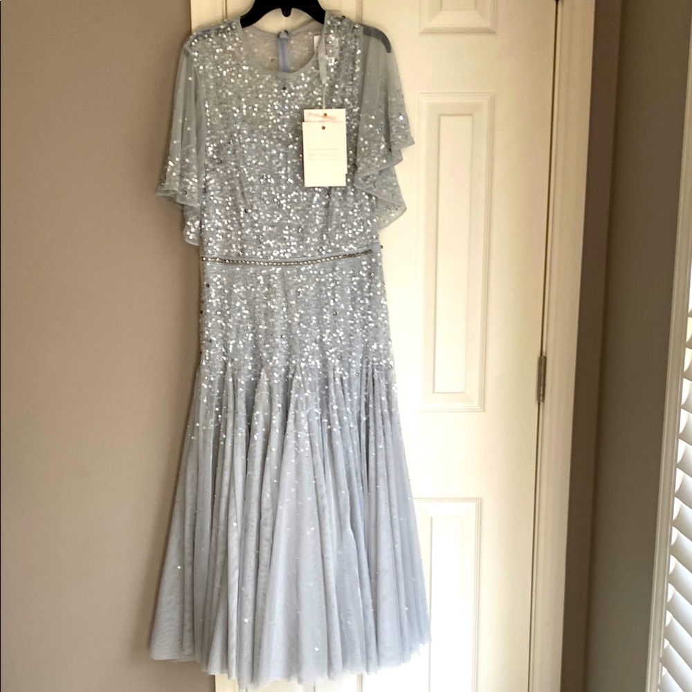 NWT - Mac Duggal Blue Cape Sleeve Beaded Tea Length A-Line Dress